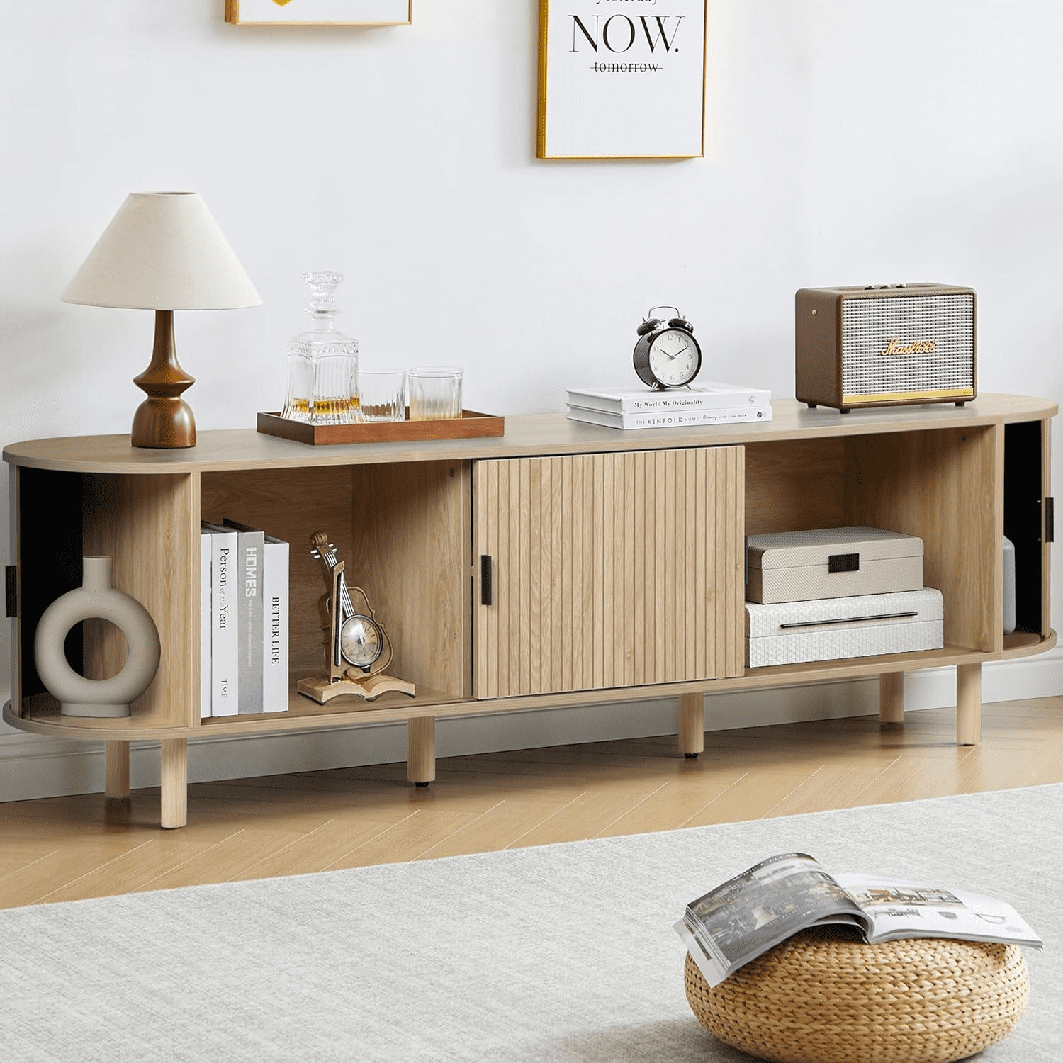 LEFHDA 70.8" Mid Century Modern TV Stand, Wood Tambour Door Entertainment Center with Storage for TVs Up to 75", Curved Edge Cabinet for Living Room Bedroom（Natural）