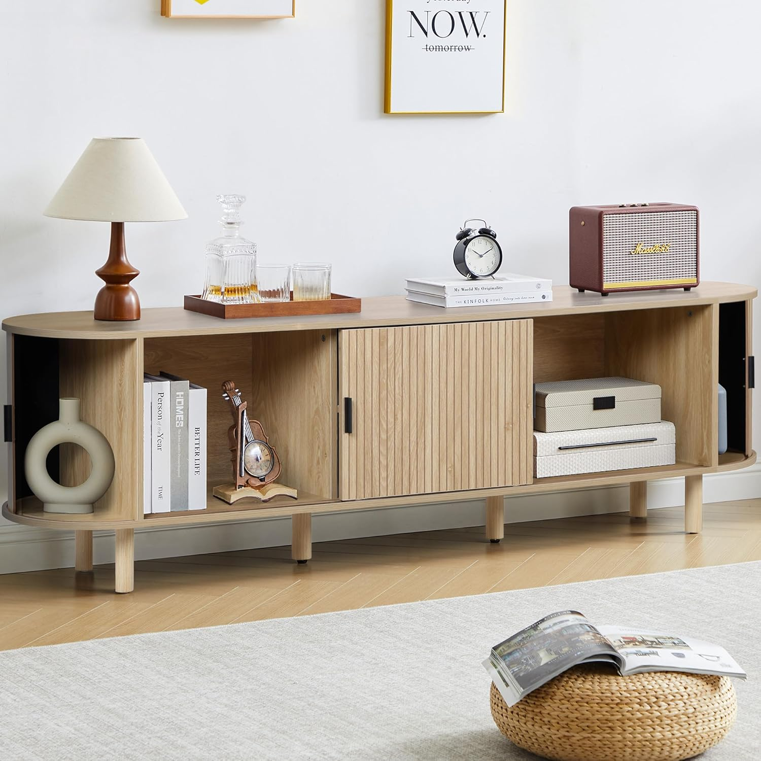 LEFHDA 70.8" Mid-Century Modern TV Stand with Tambour Doors, Natural photo 4