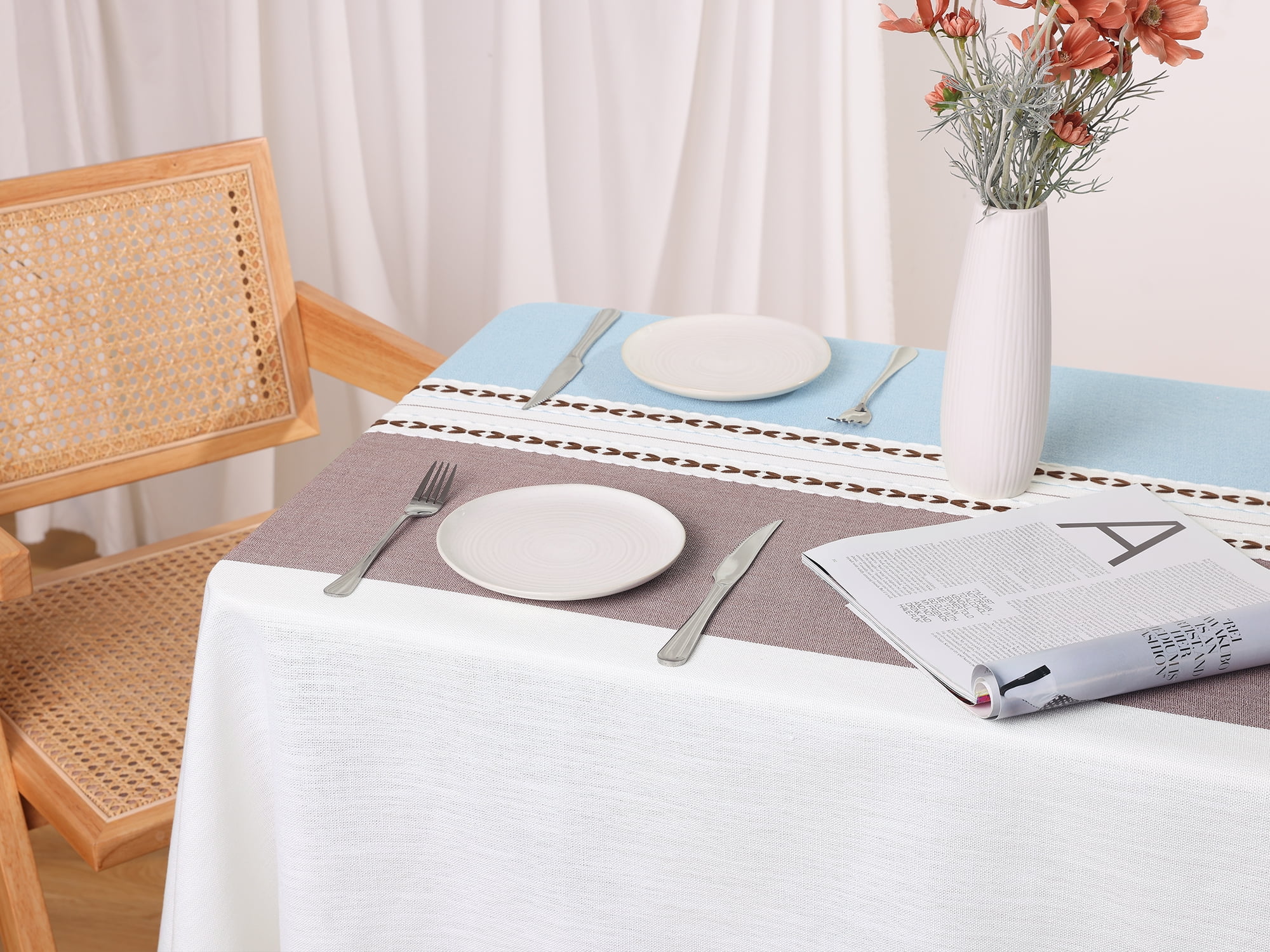Unique Bargains Rustic Tablecloth Cotton Linen Waterproof Table Cover with Tassels, Blue Coffee 39"x63"