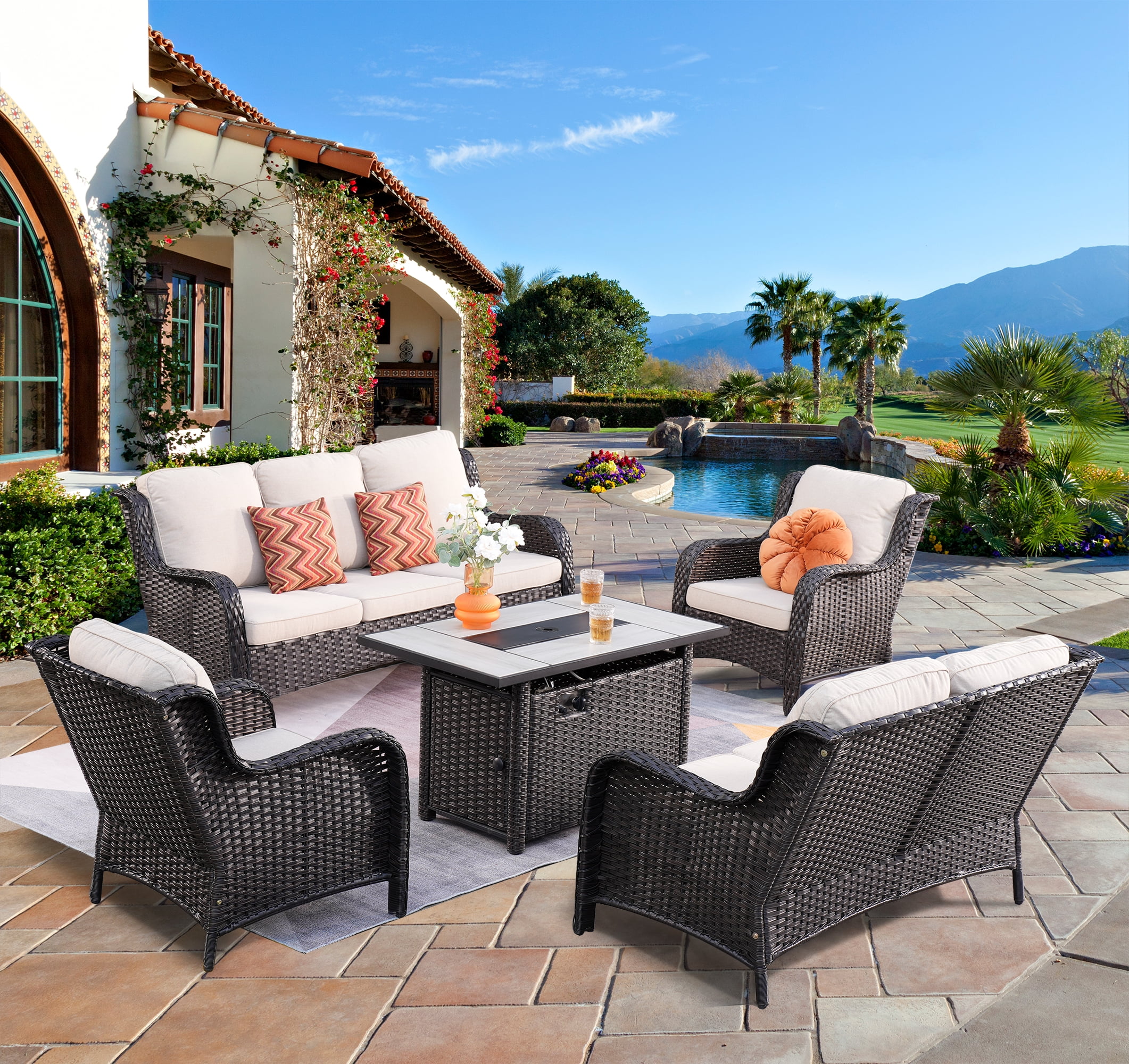 Ovios 5 Pieces Outdoor Patio Furniture with Rectangle Fire Pit Table Wicker Patio Sectional Sofa with Loveseat for Backyard