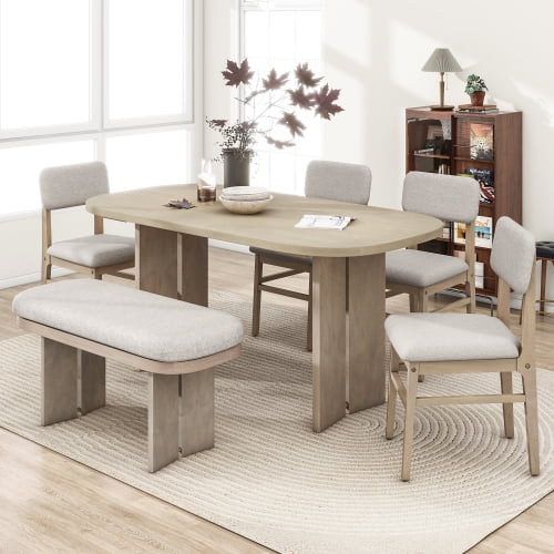 6 Piece Solid Wood Dining Table Set with Bench, Modern Farmhouse Rectangular Table and 4 Upholstered Chairs, Kitchen Furniture for Family Gatherings, Natural