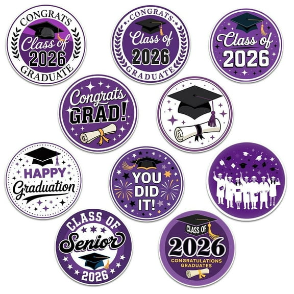 10 Pcs Class of 2026 Graduation Stickers | Purple Congrats Vinyl Decals | Senior Gift for Grads & Scrapbooks