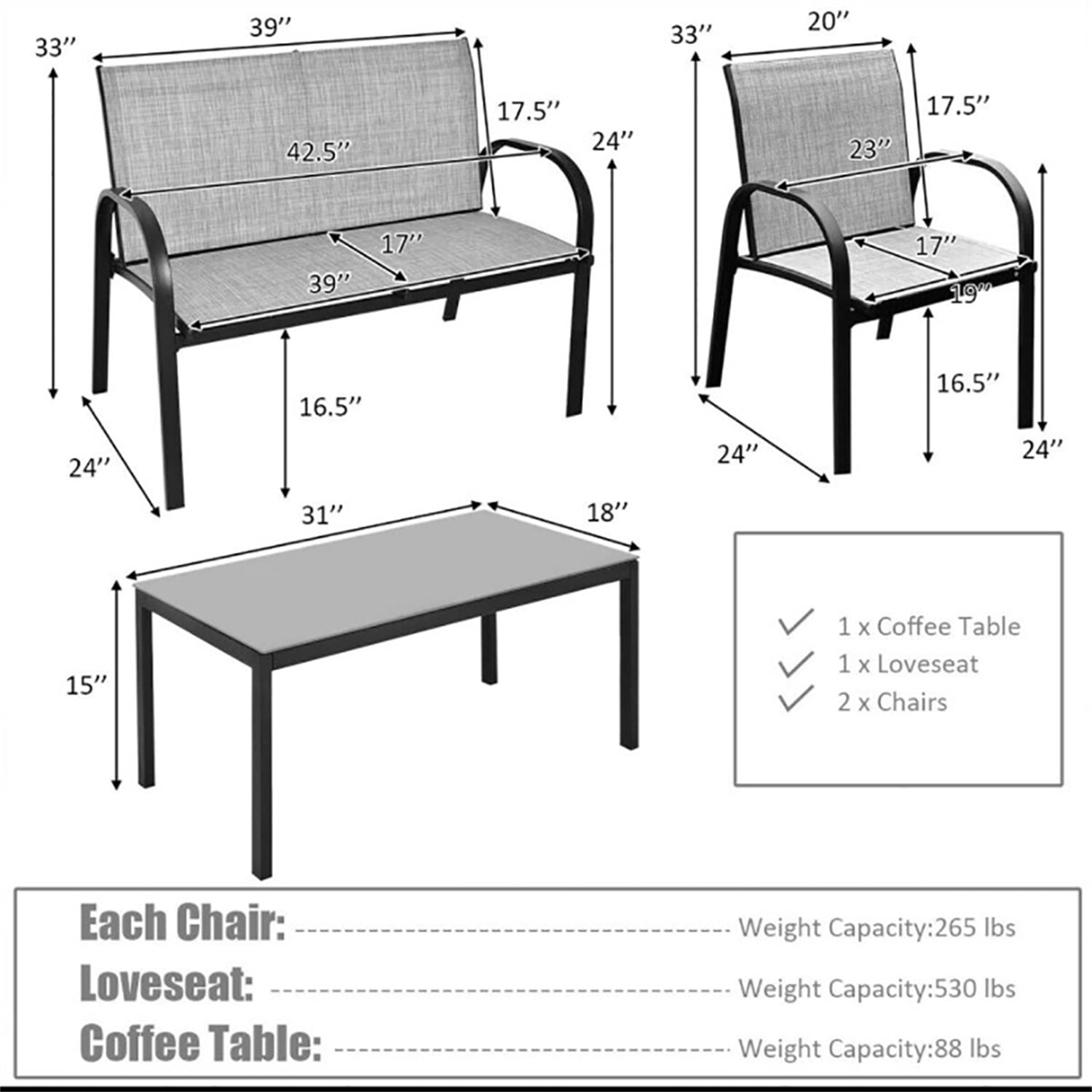 Aimee Lii 4 Pieces Patio Furniture Set with Glass Top Coffee Table, Outdoor Patio Set Aimee Lii 4 Pieces Patio Furniture Set with Glass Top Coffee Table, Outdoor Patio Set