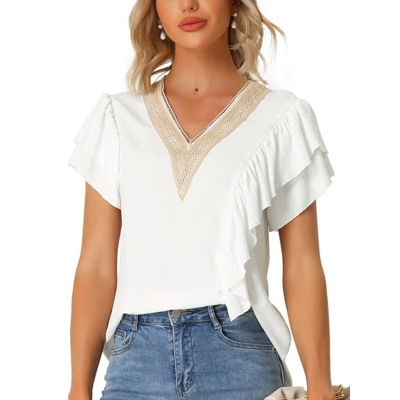 INSPIRE CHIC Women's Summer Ruffle Short Sleeve V Neck Loose Casual Blouse XS White