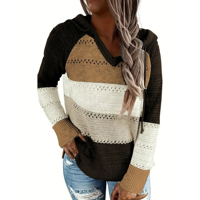 Pull à Capuche à Cordon de Couleur, Pull Décontracté à Manches Longues pour Automne et Hiver