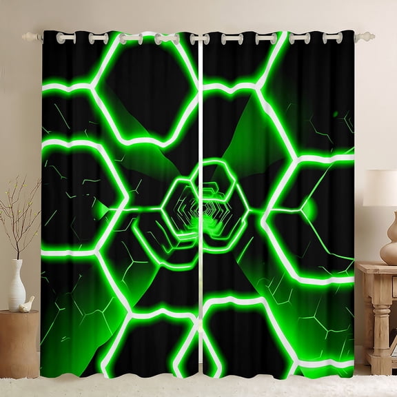 Manfei Geometric Honeycomb Black Out Curtains for Boys, Gradient Black Green Curtains Pack of 2 (42x63 Each), Neon Hexagon Bedroom Curtains, Luxury Bedroom Decor