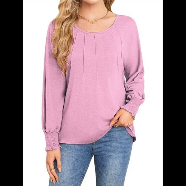 Camisas de Larga para Mujer, Blusas Plisadas Informales de Negocios con Puños Fruncidos. Rosa XXL