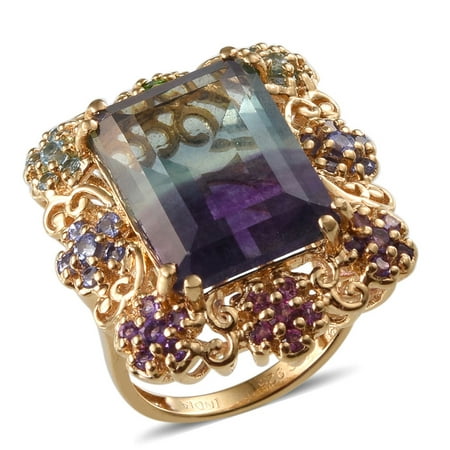 - 925 Sterling Silver Yellow Gold Plated Octagon Multi Fluorite Multi Gemstone Cluster Ring Cttw 1.3