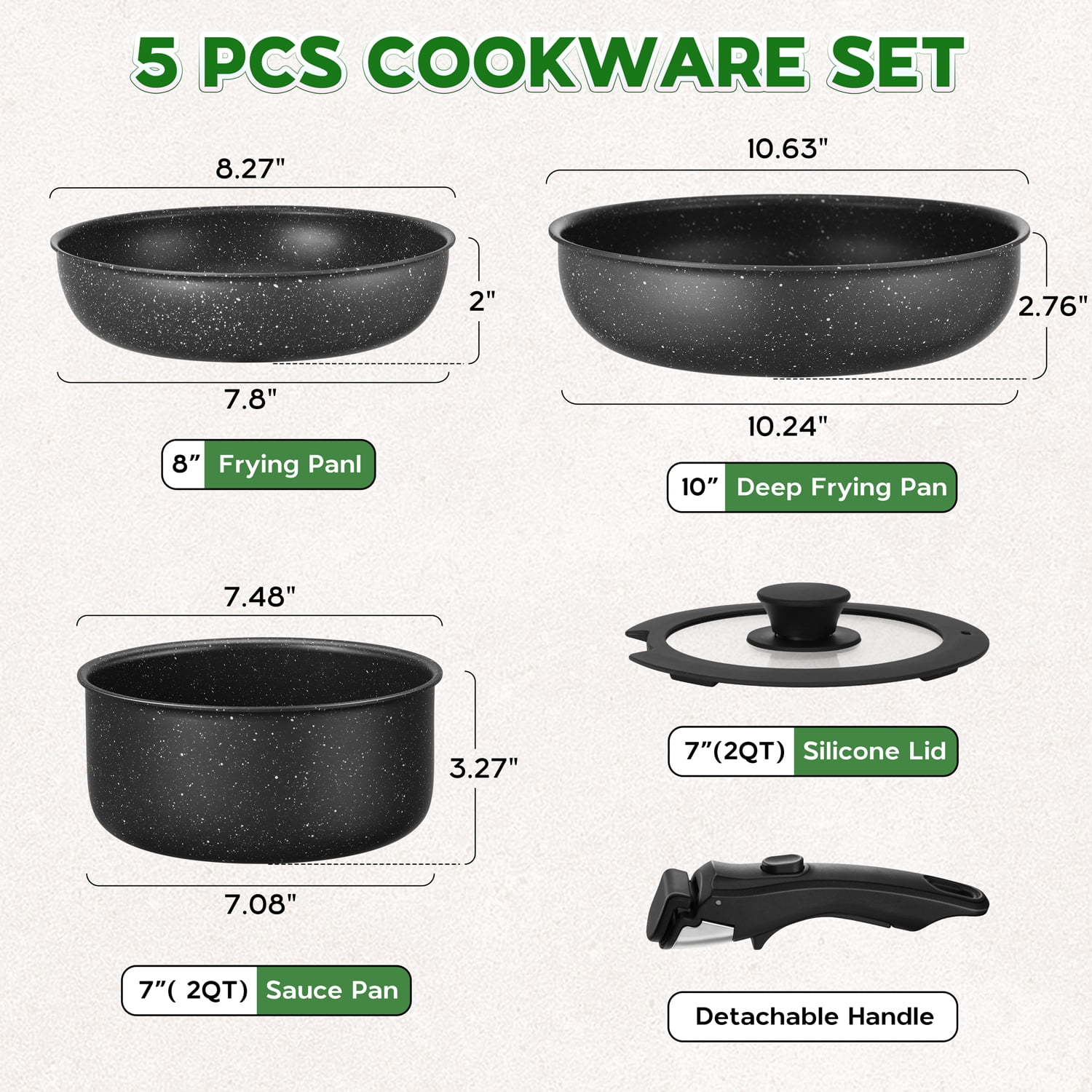 Walchoice 5Pcs Pots and Pans Set, Granite Nonstick Cookware Set with Detachable Handle, Stackable Kitchen Cooking Set with Saucepan Frying Pans, Induction Compatible & Oven Safe - Black