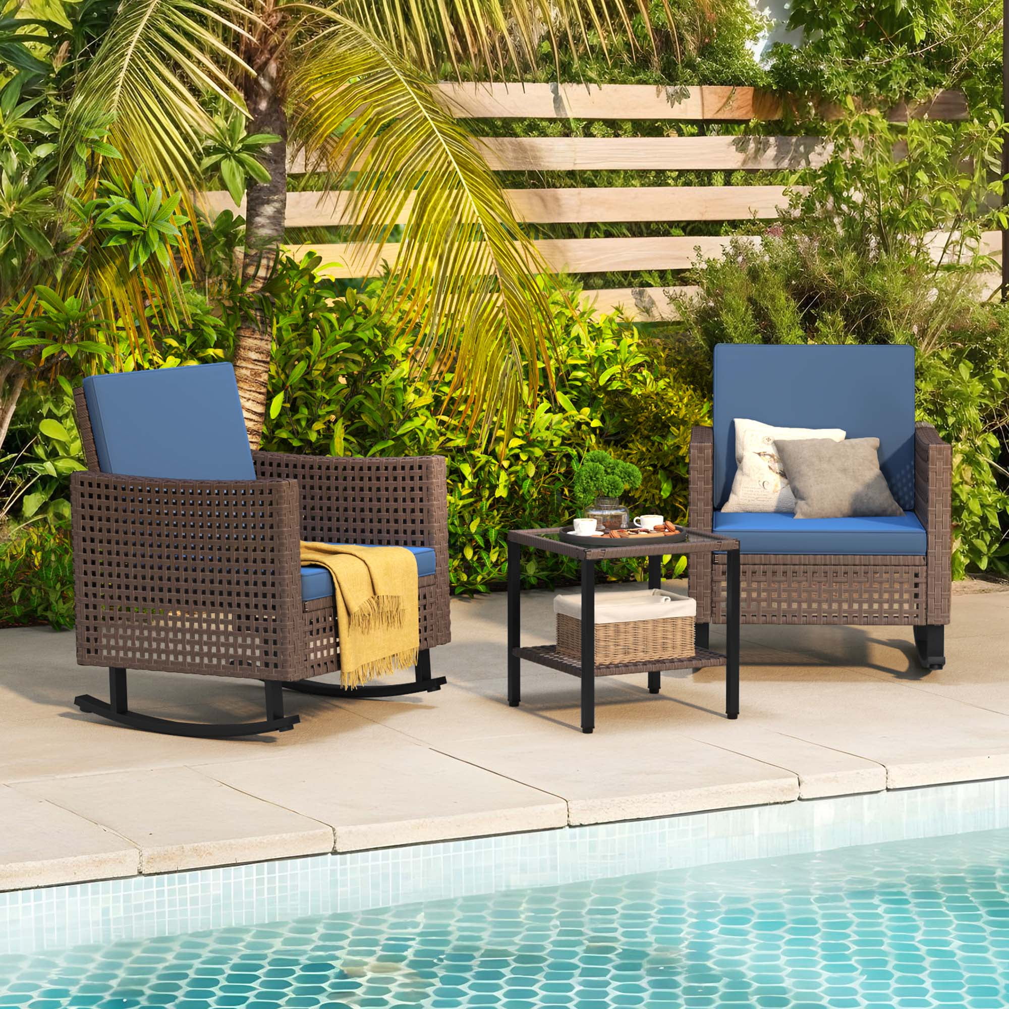 Uforic 3-Piece Outdoor Rocking Chairs, Wicker Patio Furniture with Thickened Cushions and Table for Porch (Blue)