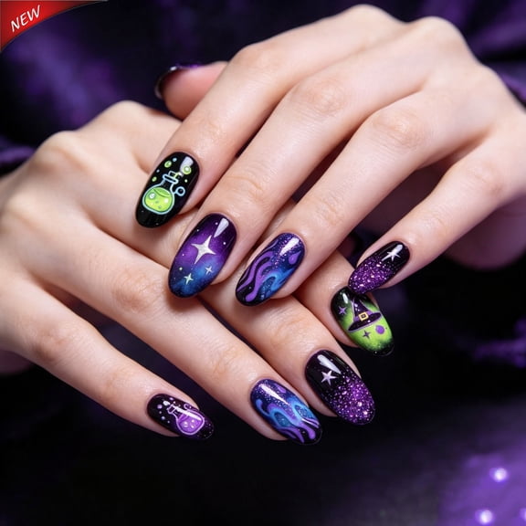 Halloween Press On Nails Medium Oval,Witch Potion Resin Fake Nails,Purple Green Galaxy Star Glitter Stick On False Nails, 30Pcs Reusable Wearable Nail Tips for Women Spooky Cosplay Holiday Manicure