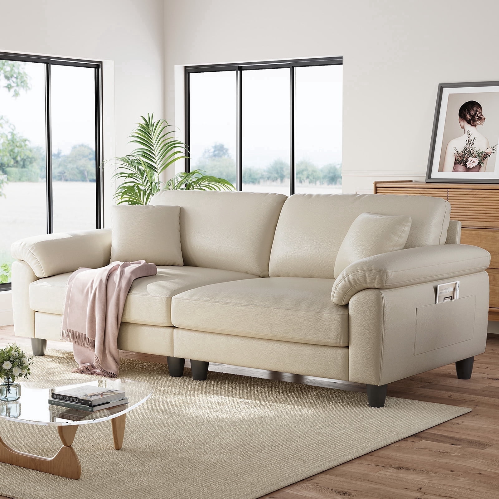 83" Couch Premium PU Leather Sofa, Comfy Extra Deep Seat 3 Seater Couch for Living Room, Oversized Loveseat with 2 Pillows, Beige