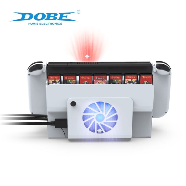 DOBE 2-in-1 Cooling Fan & Game Card Storage for Nintendo Switch OLED - Quiet High-Speed Cooler with Blue LED Light, 6-Slot Game Card Organizer, Anti-Overheating Design for Switch OLED Console