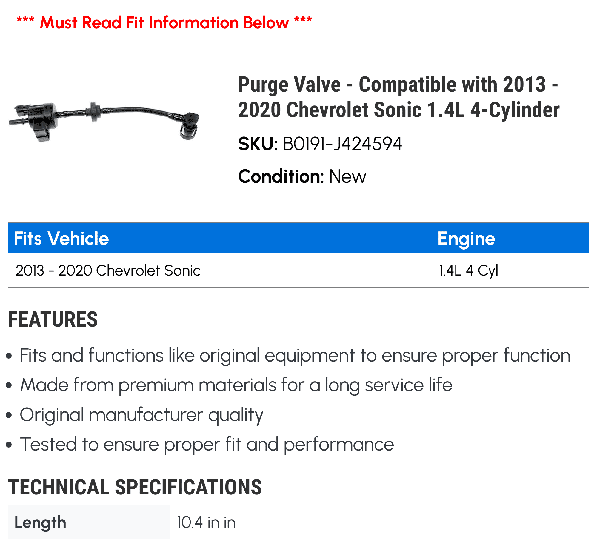 Purge Valve - Compatible with 2013 - 2020 Chevrolet Sonic 1.4L 4-Cylinder - Dorman
