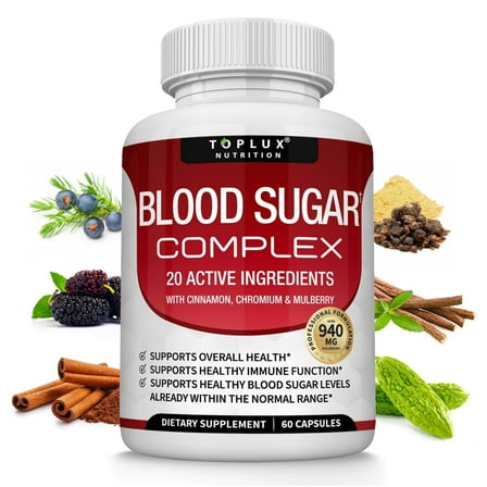 Toplux Blood Sugar Complex with Cinnamon to Support Heart Health, Overall Wellness, Energy & Immune System 60 Capsules