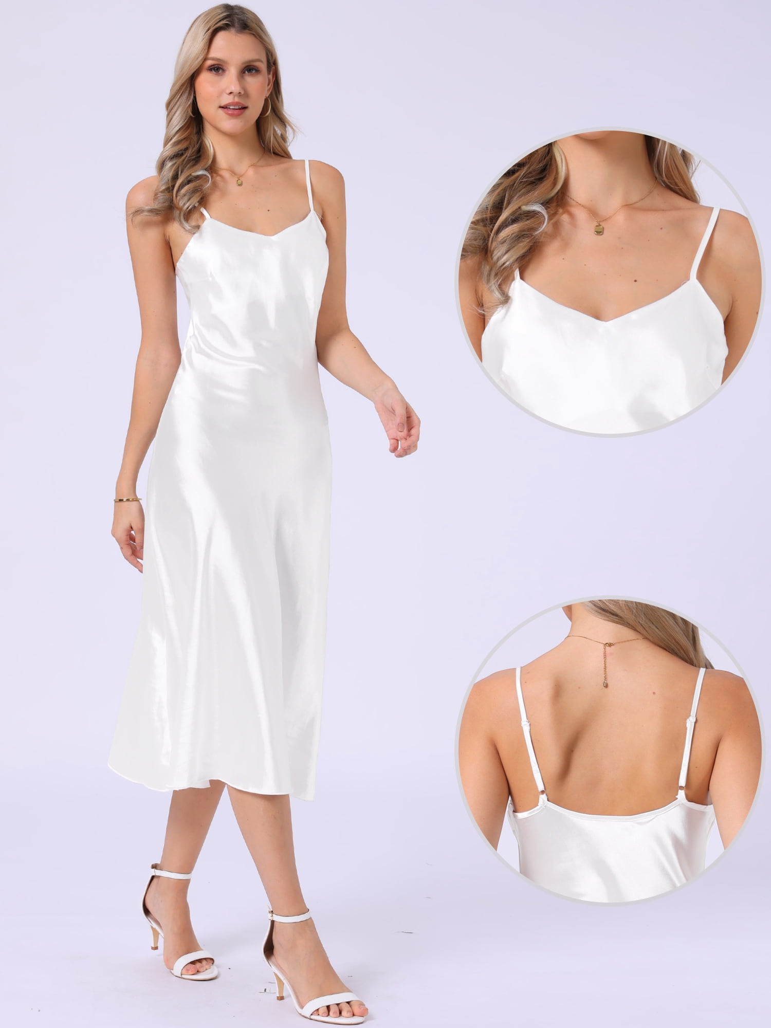 DARING DIVA Satin V Neck Spaghetti Strap Silky Maxi Dress XS White