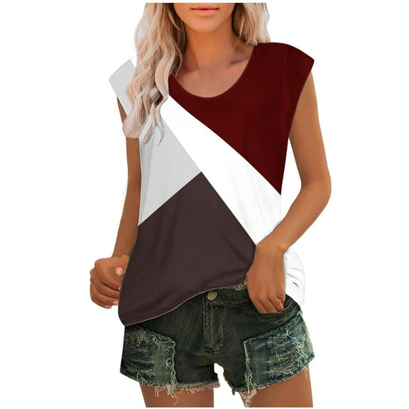 Crew Neck Tank Tops for Ladies Color Block Cap Sleeve Shirts Summer Trendy Tees Casual Loose Fit Blouses (XL, Wine)