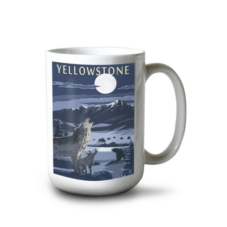 

15 fl oz Ceramic Mug Yellowstone National Park Wyoming Wolves and Full Moon Dishwasher & Microwave Safe