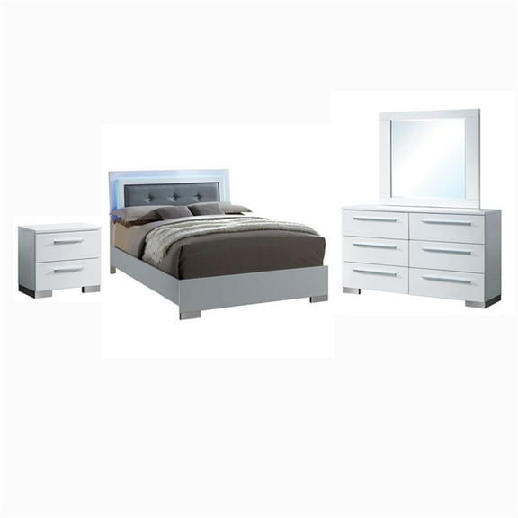 FOA Rayland 4pc Glossy White Wood Bedroom Set - King Nightstand Dresser Mirror
