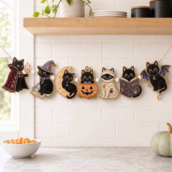 Garland Vintage Halloween Black Cat Wooden Door Hanger Porch Sign for Gothic Decor