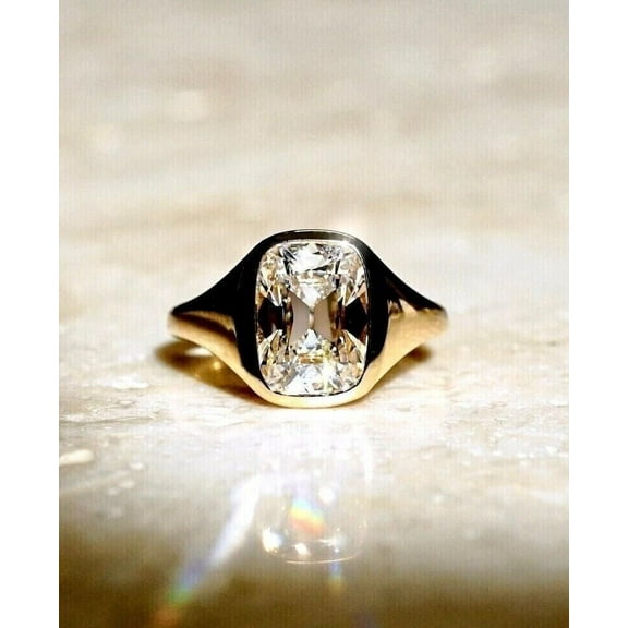 Solitaire 3Ct Cushion Cut Simulated Diamond Bezel Set Women's Engagement Ring 14K Yellow Gold Plated Silver