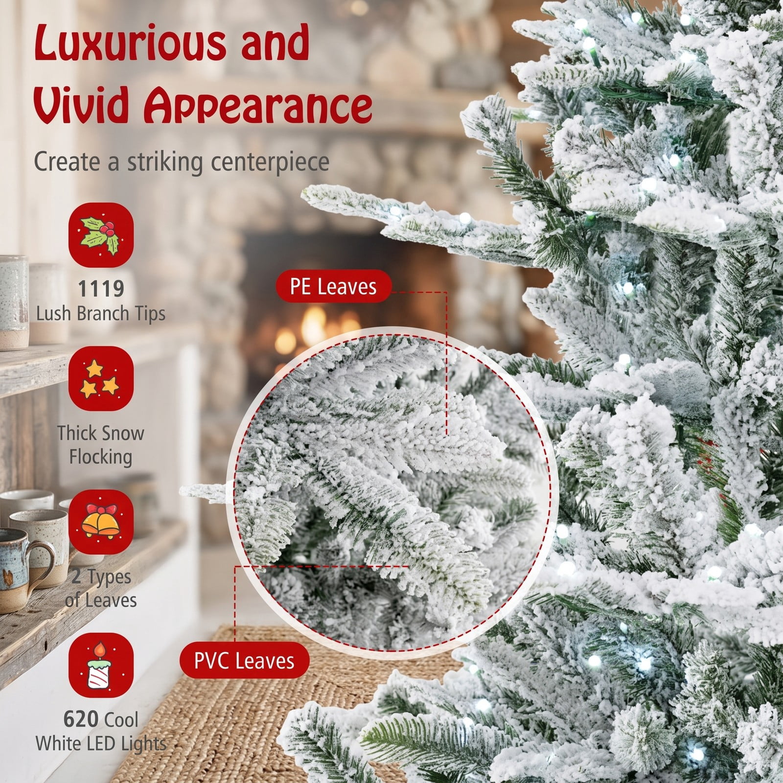 RUIE 7FT Snow Flocked Artificial Christmas Tree, Pre-Lit with 620 Cool White LED Lights, Remote & Timer, Hinged Metal Stand Holiday Tree, Green & White
