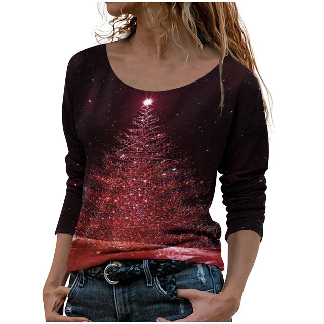 Tops de Otoño Para Mujer Tops Con Estampado Navideño Blusa de Jersey de Árbol Con Cuello Redondo de Manga Larga A La Moda Odeerbi ODB179167