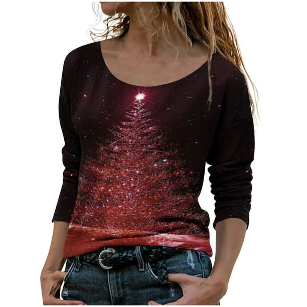 Tops de Otoño Para Mujer Tops Con Estampado Navideño Blusa de Jersey de Árbol Con Cuello Redondo de Manga Larga A La Moda Odeerbi ODB179166