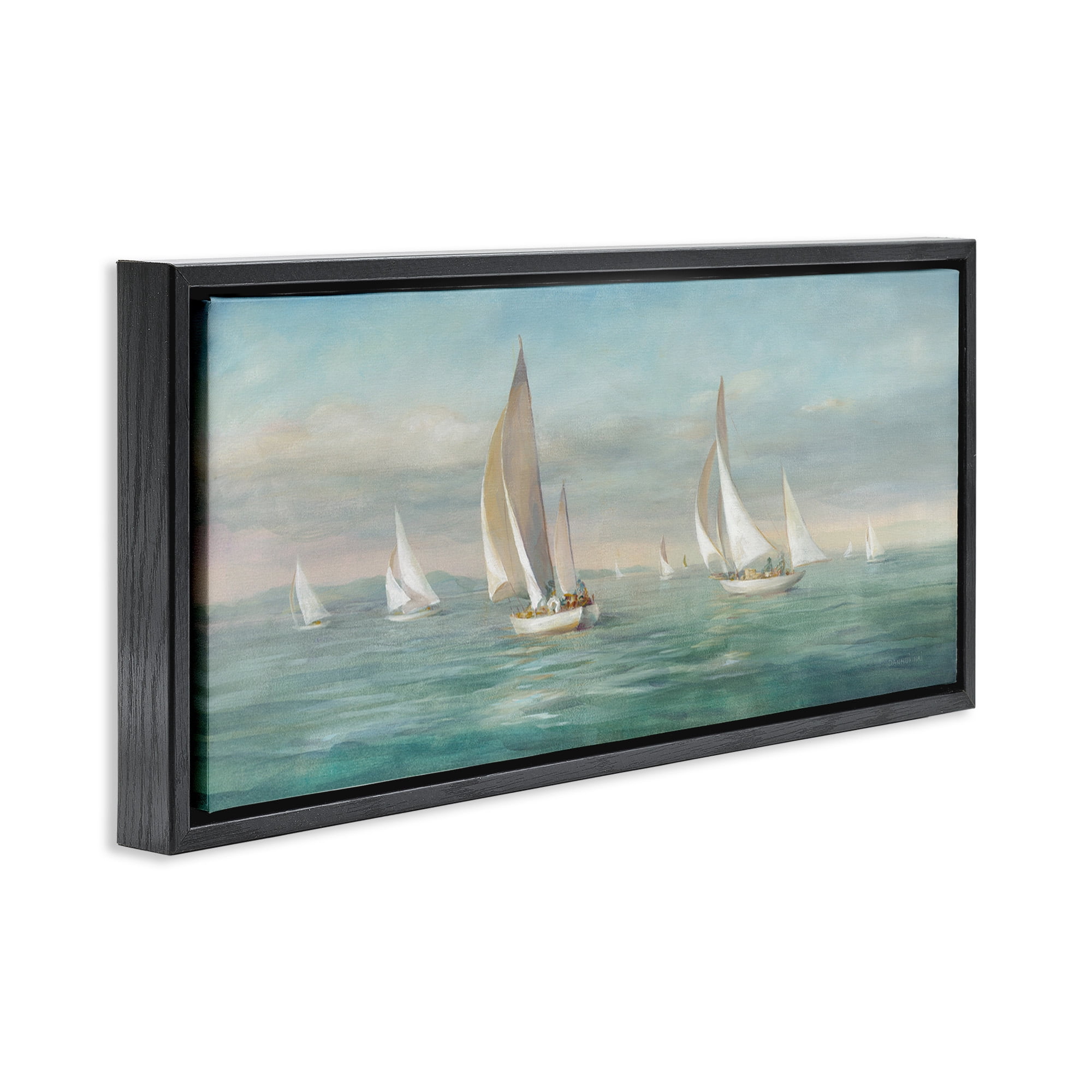 Stupell Industries Sailboat Fleet Ocean Waves Transportation Painting Black Floater Framed Canvas Art Print Wall Art, 31 x 14