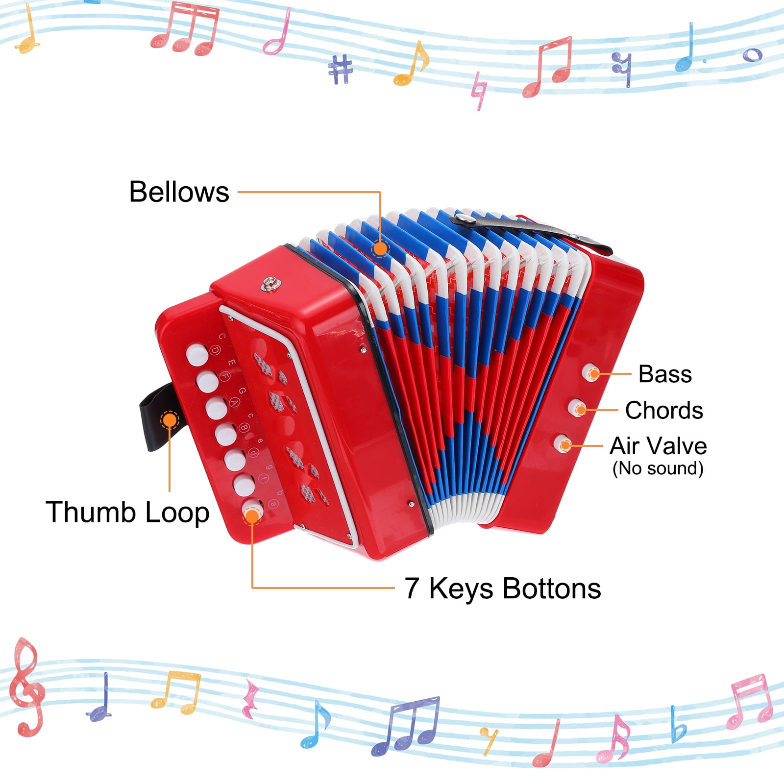 Uxcell Accordion 10 Keys Button Accordion Mini Musical Instrument Gifts, Red
