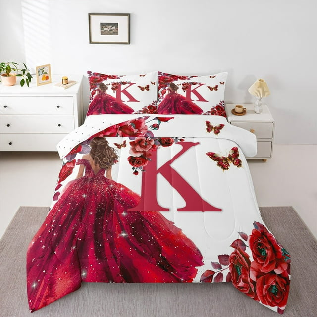 Erosebridal Ensembles de Literie Lettre K Initiale Double avec Couette, Ensemble de Literie Fleur de Rose Double avec Couette, Insert de Couette Réversible Robe de Princesse à Paillettes, Ultra Doux Décoratif pour la Chambre, 3 Pcs