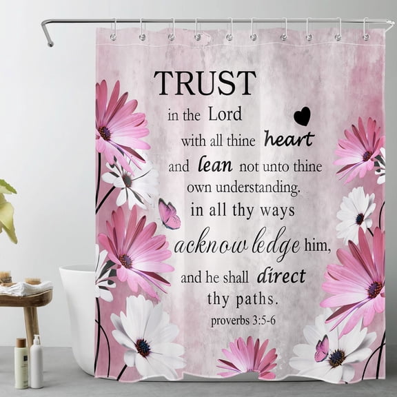 HVEST Pink Floral Shower Curtain, Pink Flower and Bible Verse Shower Curtain - Rustic Farmhouse Bathroom Decor, Waterproof Polyester Fabric, Includes 10 Hooks, 60x72 Inches