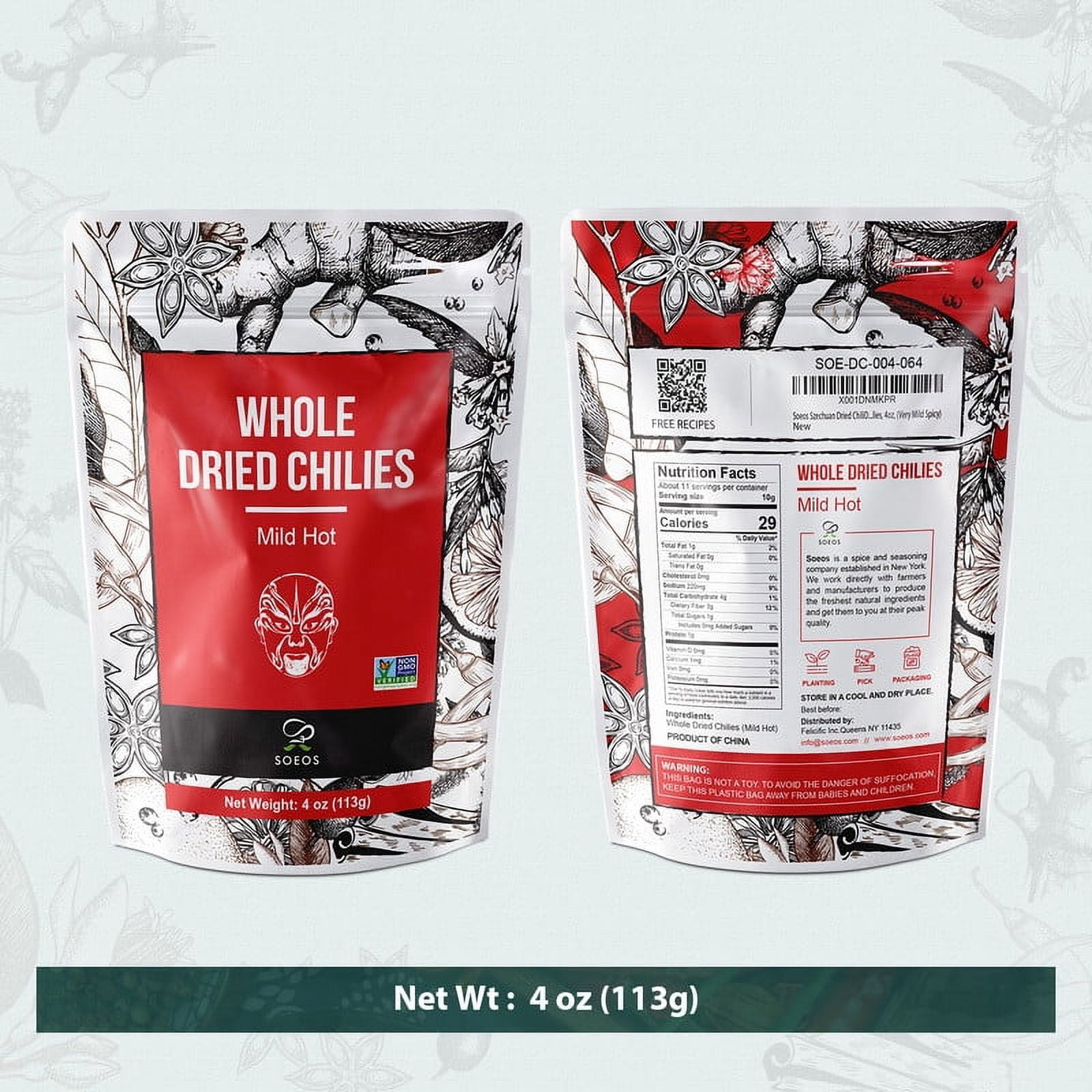 Soeos Whole Dried Chilies, Mild, 4 oz, 2 Packs, total weight 8 oz, Chili