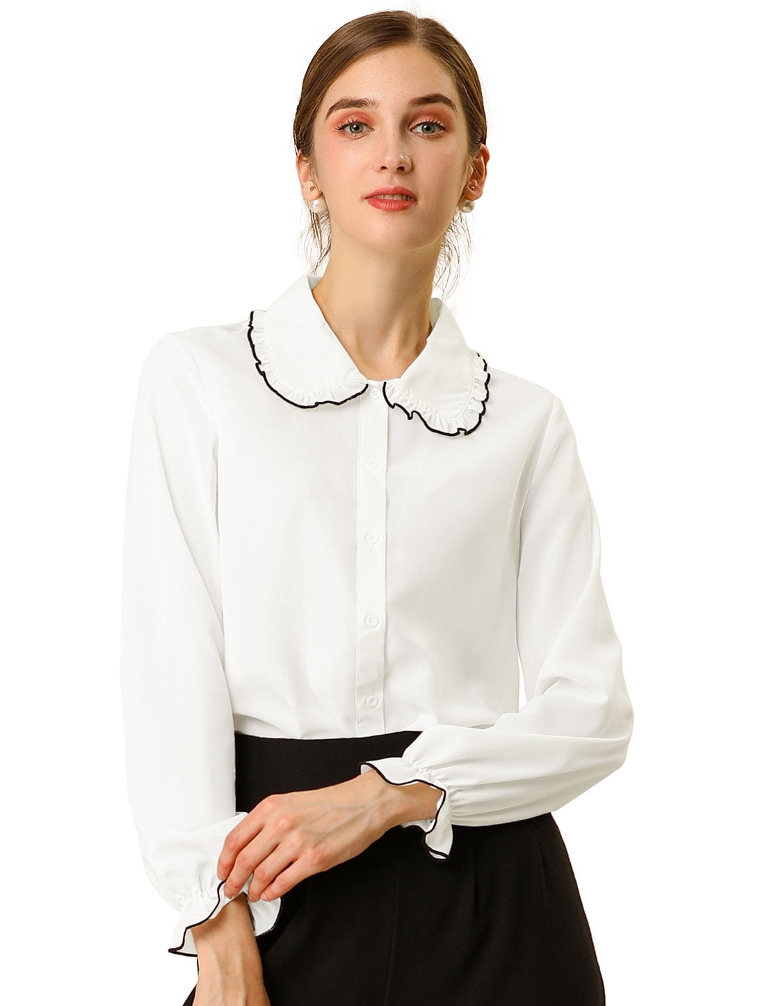 Sweet Ruffle Peter Pan Collar Button 