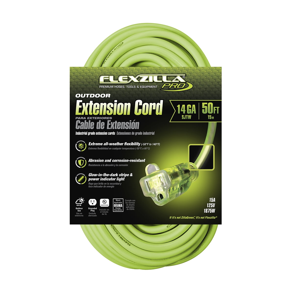 Flexzilla® Pro Extension Cord, 14/3 AWG SJTW, 50', Indoor/Outdoor, Lighted Plug