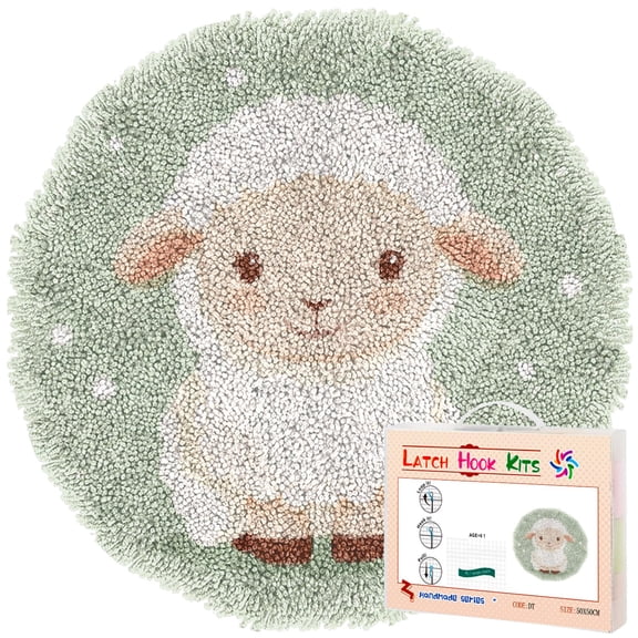 Latch Hook Rug Kit A Cartoon Cute Baby White Sheep Stamped Handmade Round Shape Carpet Crochet Yarn Craft DIY Hook and Latch Door Mat Tapestry for Home Floor Decor 50x50cm(5)