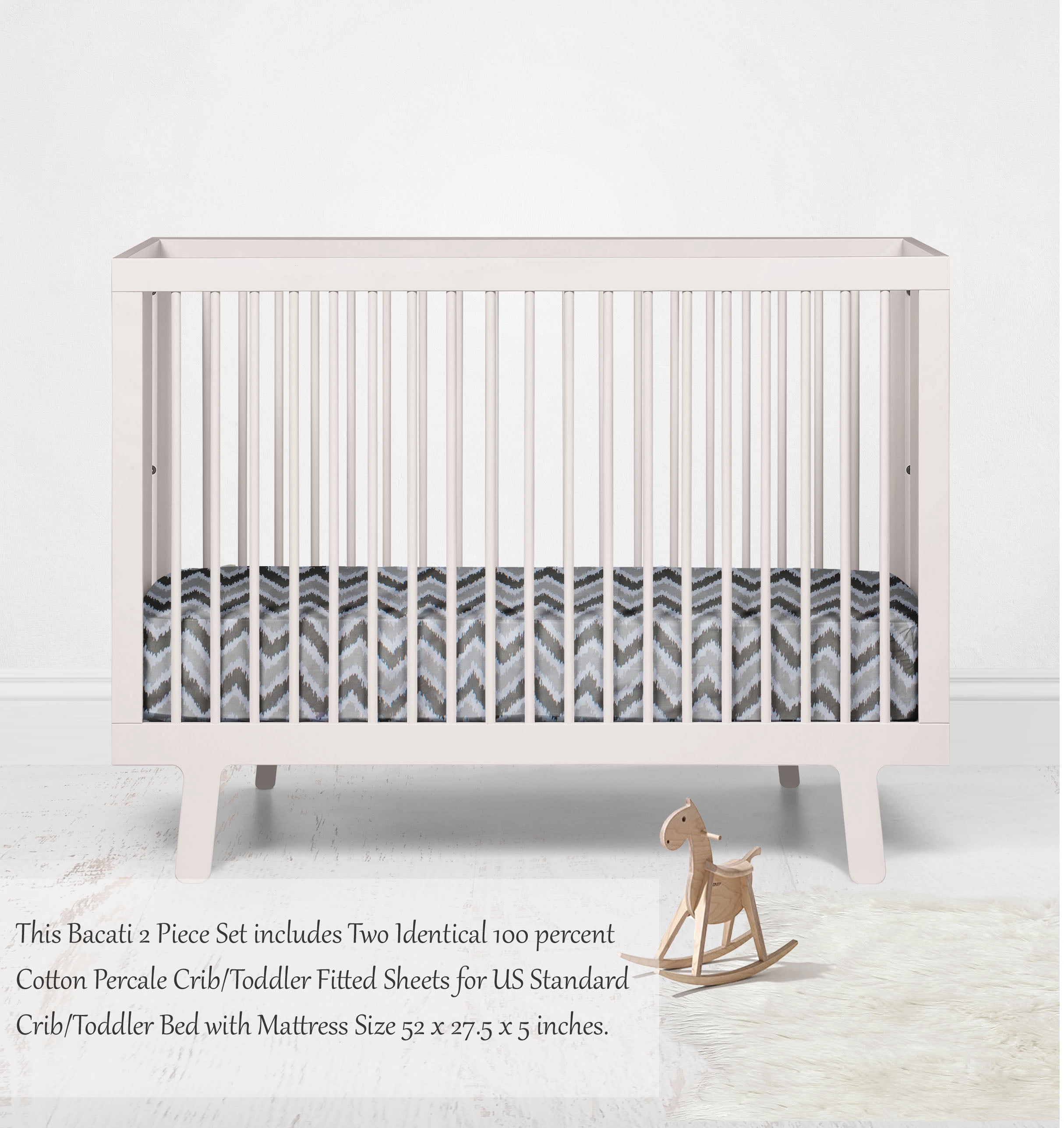 Bacati - Ikat Crib/Toddler Bed Fitted Sheets 100% Cotton Muslin 2 Pack, Zigzag Grey