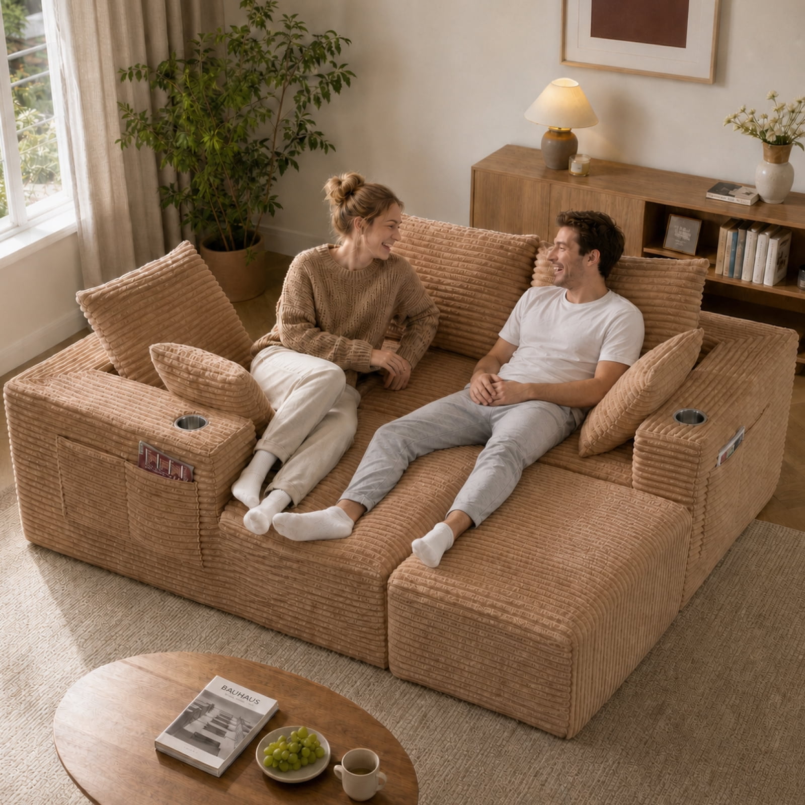 95'' 4 Seater Boneless L Shape Modular Sofa Couch with 4 Pillows, 2 Cup Holders and Ottoman