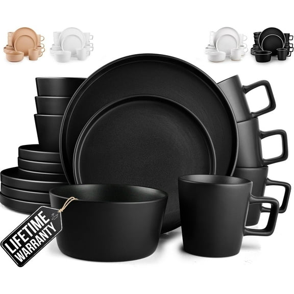 Kitchen Terra Plates and Bowls Sets, 16 Piece Modern Stoneware Dish Set for 4, Chip and Scratch Resistant Ceramic Dinnerware Set, Microwave and Dishwasher Safe, Matte Black