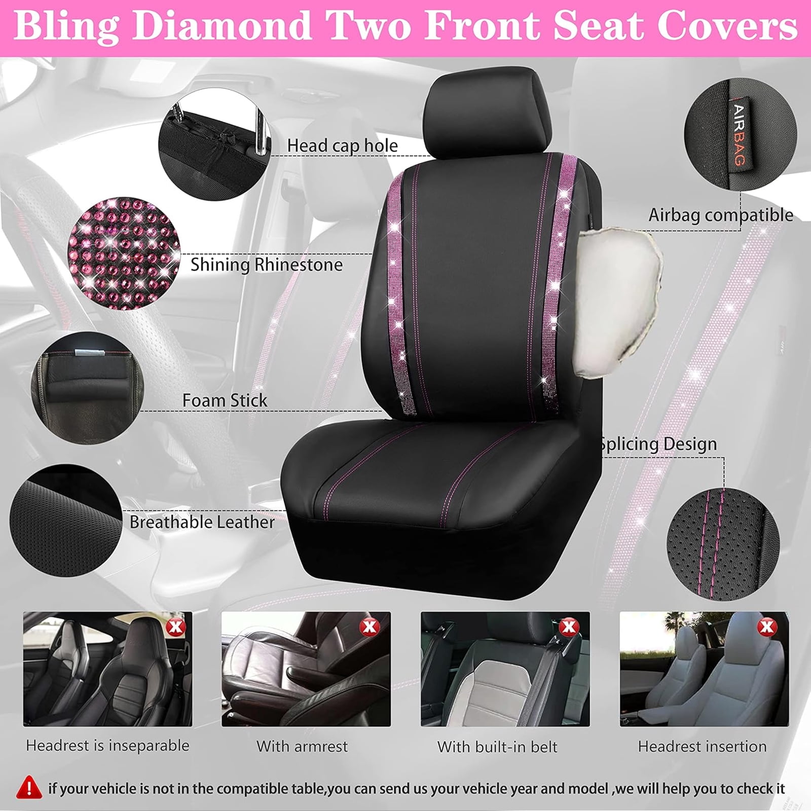 Car-Grand Bling diamond Rhinestone Leather car seat covers front pair shinning spark glitter crystal cute universal fit automotive glitter SUV truck sedan women girly Pink