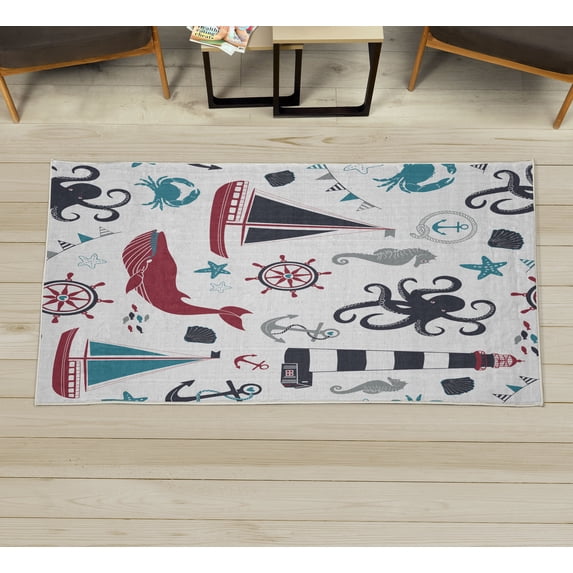 Nautical Decorative Rug, Pastel Colored Composition of Lighthouse Sailboat Fish Shells Octopus, Quality Carpet for Bedroom Dorm and Living Room, 6 Sizes, Raspberry and Dark Blue, by Ambesonne