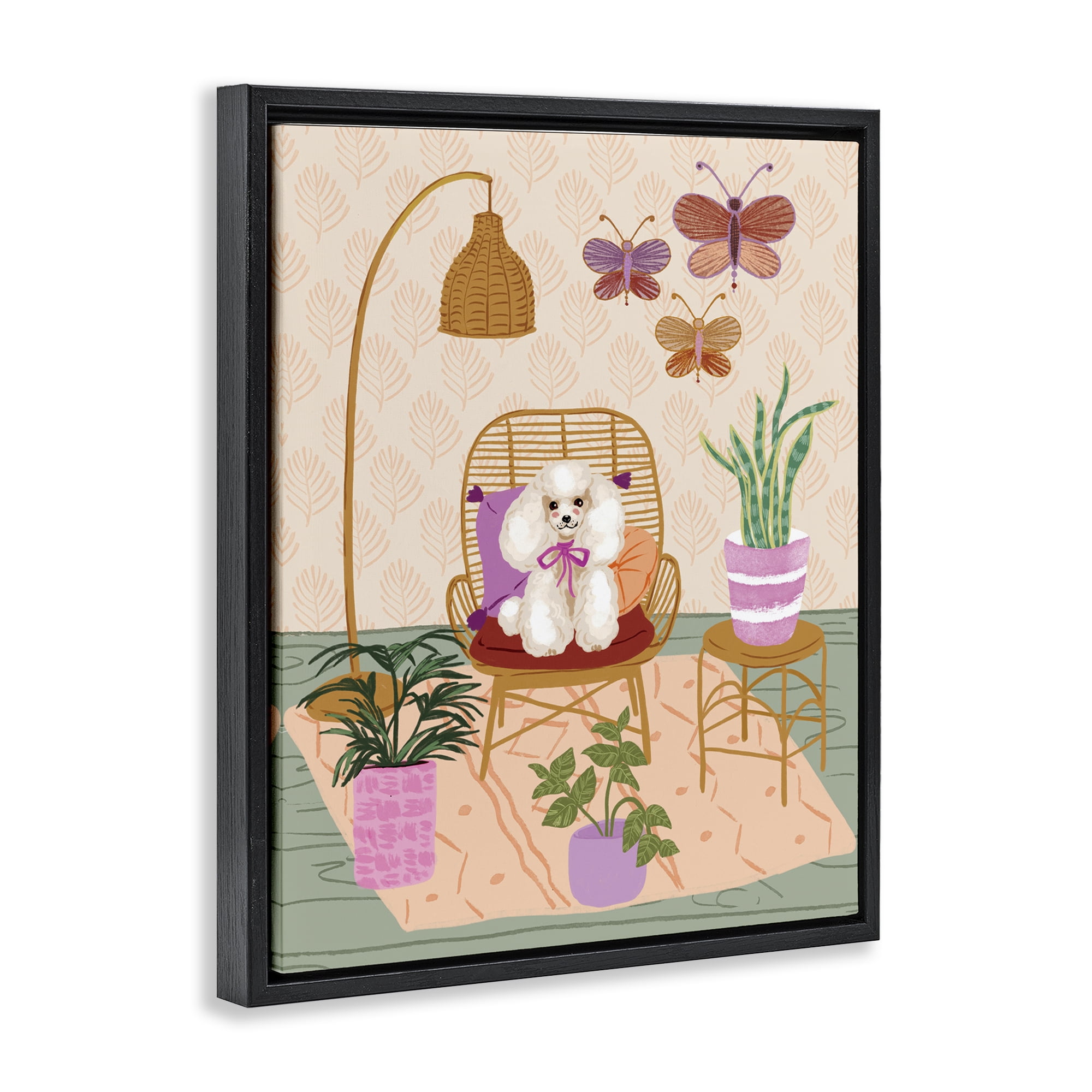 Stupell Industries Pup in Whimsical Living Space Animals Painting Black Floater Framed Canvas Art Print Wall Art, 17 x 21