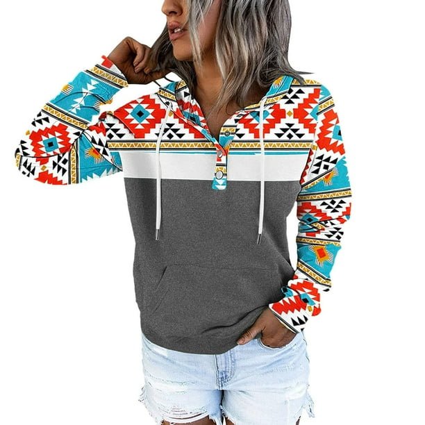 DPTALR Hoodies For Women,Women Aztec Hoodie Geometric Print Sweater Long  Sleeve Turtle Neck T-shirt Drawstring Pullover Sweatshirts With Pocket