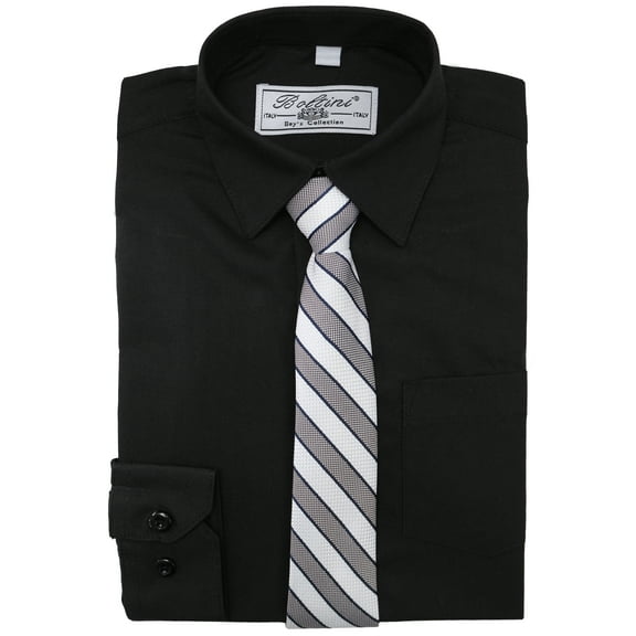 Boltini Italy Boys Kids Toddlers Long Sleeve Dress Shirt Set with Matching Tie (Black, 12)