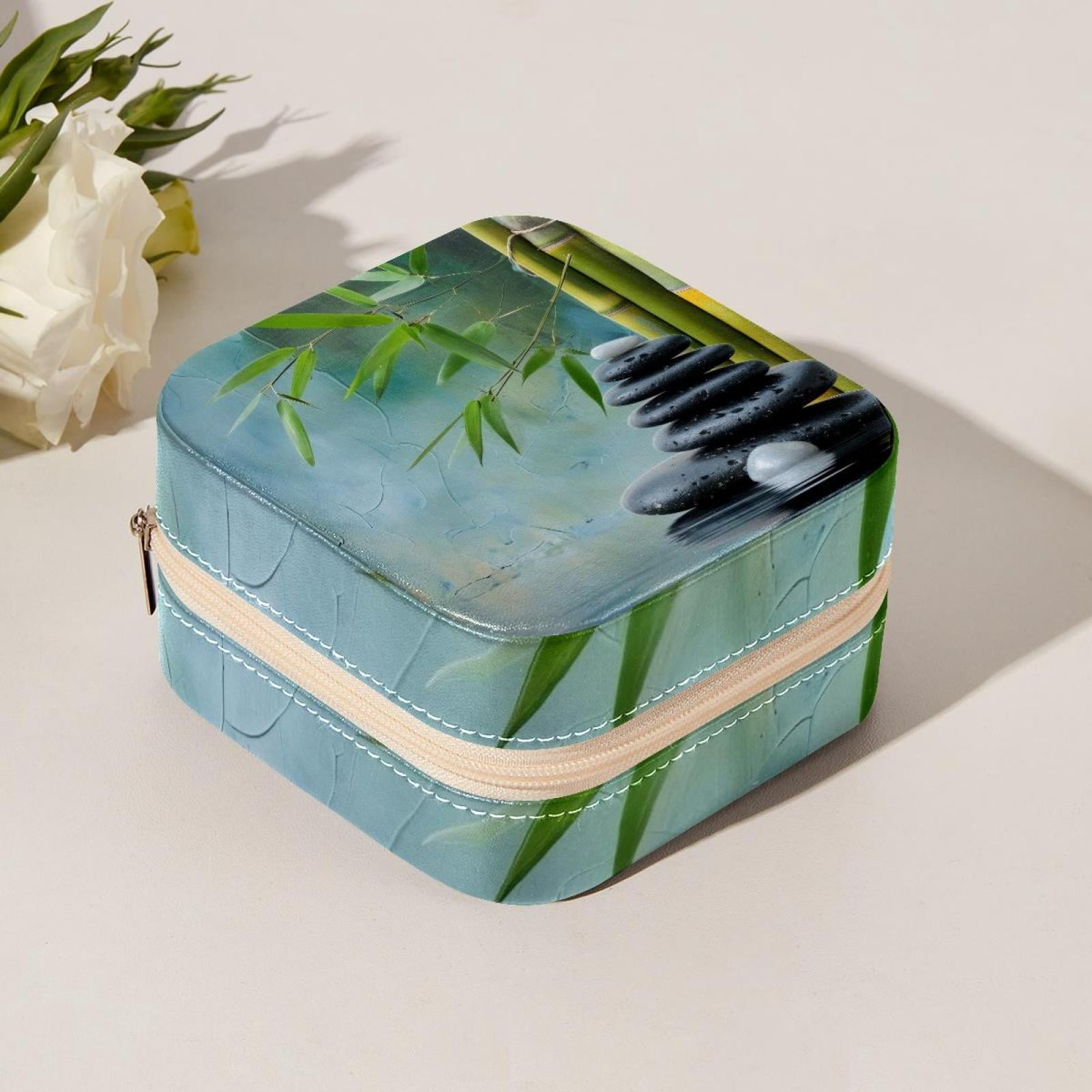 PhooArto Small Jewellery Box, Zen Stones and Bamboo Portable Travel Mini Jewelry Case for Women Leather Ring Organizer