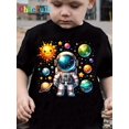 thumbnail image 1 of Boys' Astronaut & Planets Print T-Shirt - Black Casual Short Sleeve Crew Neck Tee, Vibrant Space-Themed Design, Soft Cotton Fabric, Machine Washable, Perfect for Spring/Summer, 1 of 6