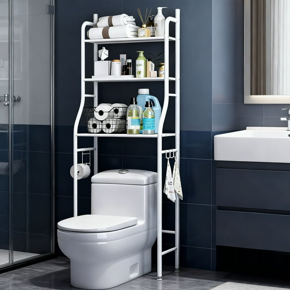 3-Tier Over the Toilet Rack Freestanding Metal Bathroom Space Saver Organizer Multi-functional Bathroom Storage Shelves, White