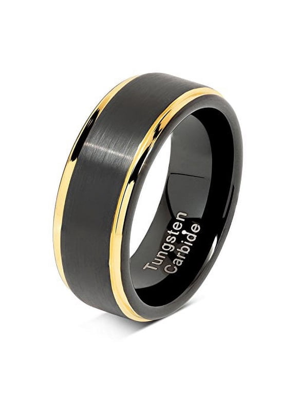 Black Tungsten Rings for Men Wedding Band Gold Step Edge Size 6-16 (Tungsten, 12)