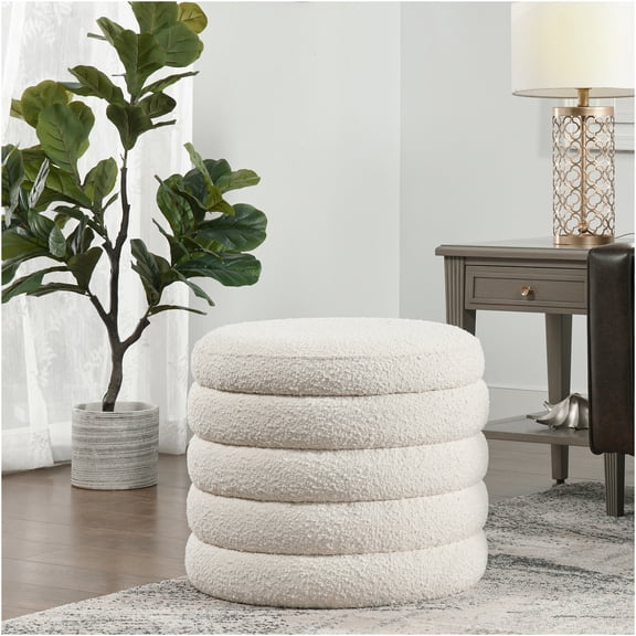 JERFIT 19 Inch Round Storage Ottoman Pouf, White Boucle Fabric Footstool with Lid, Upholstered Seat Bench for Living Room, Bedroom