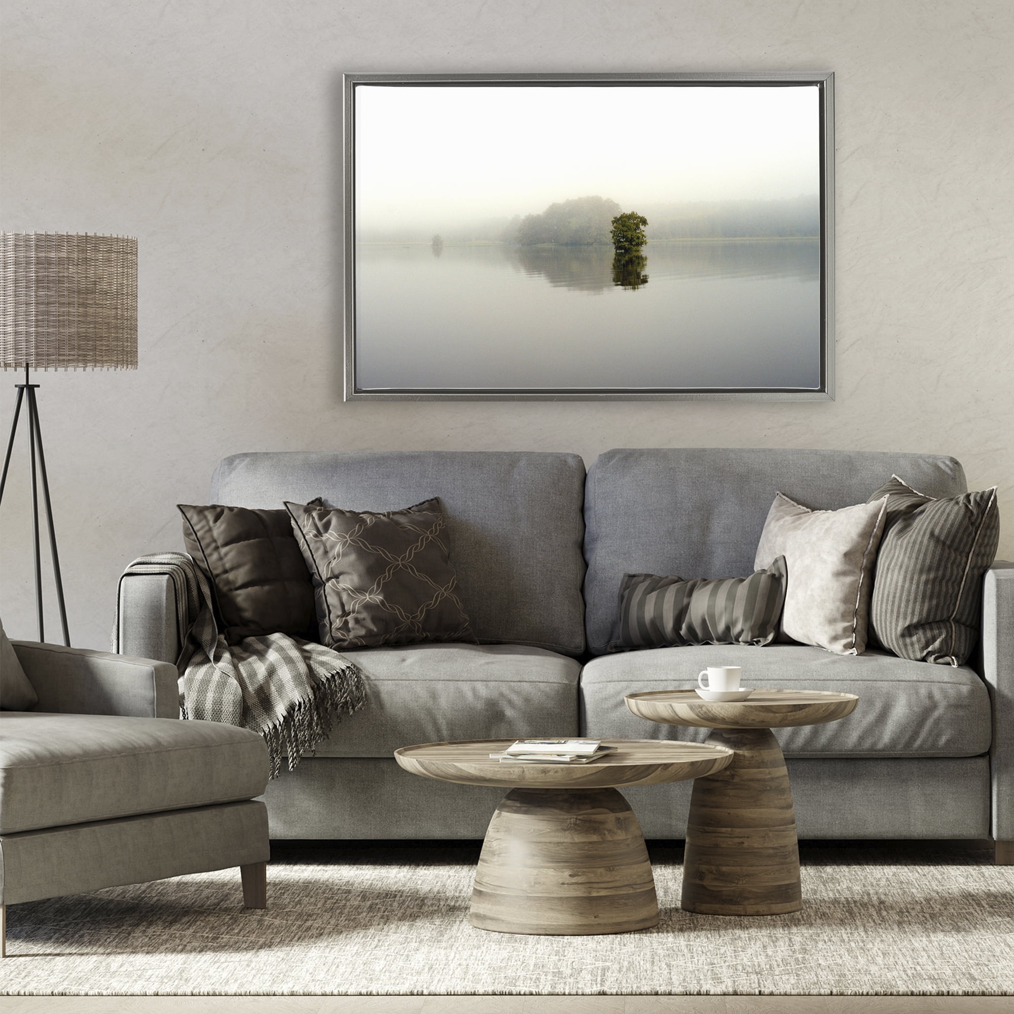 Stupell Industries Misty Lake Reflection Gray Framed Floater Canvas Wall Art, design by Gail Peck